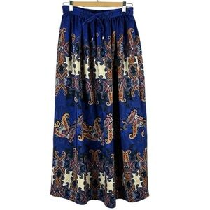 Mango Bohemian Paisley Floral Tie Waist A Line Pockets Maxi Skirt Small Blue
